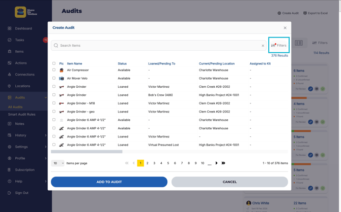 Audits-Create New-Add Items-Filter Button