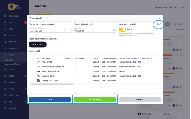 Audits-Create New-Save or Save and Send