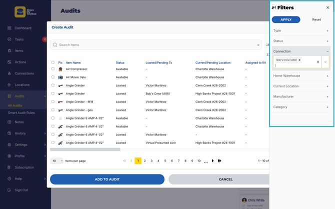 Audits-Create-Add Items-Filter Search