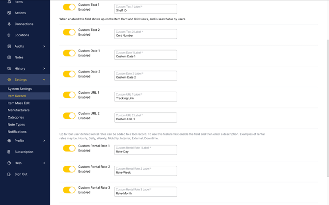 settings - item record