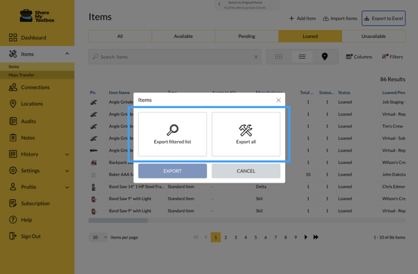 export-select filtered or all